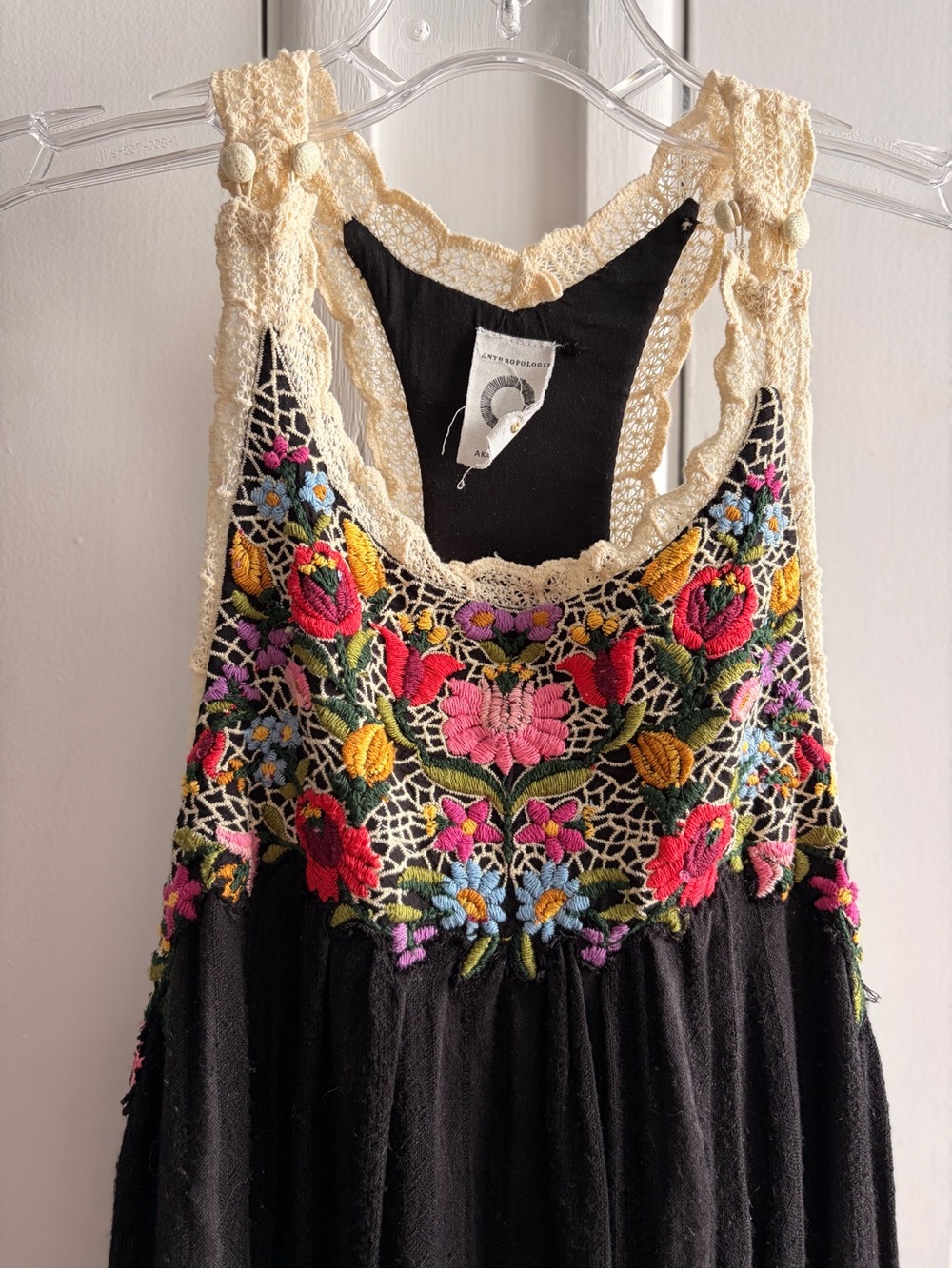 Anthropologie Black Midi Dress with Multicolor Floral Embroidery and Cream Lace